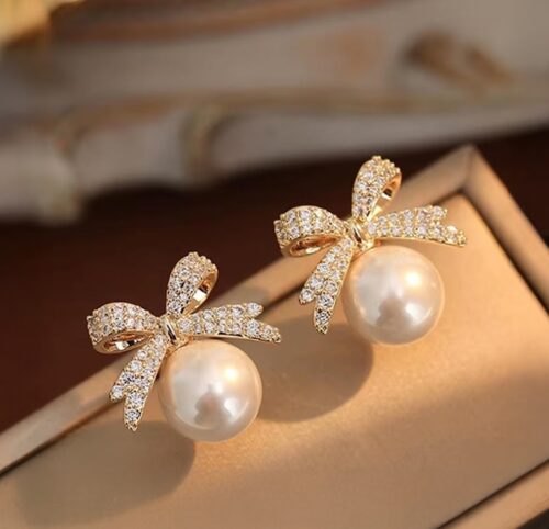 Golden Pearl Bow Stud Earrings