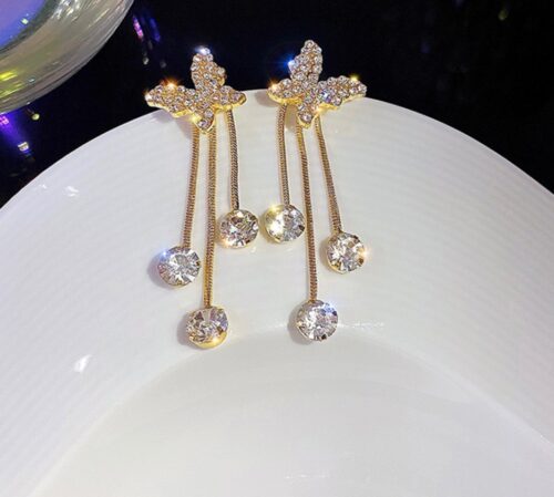 Golden Crystal Butterfly Tassel Earrings